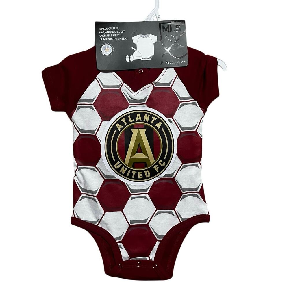 Atlanta United FC MLS Baby 3-Piece Creeper Hat & Bootie Set Red Soccer 12 Months